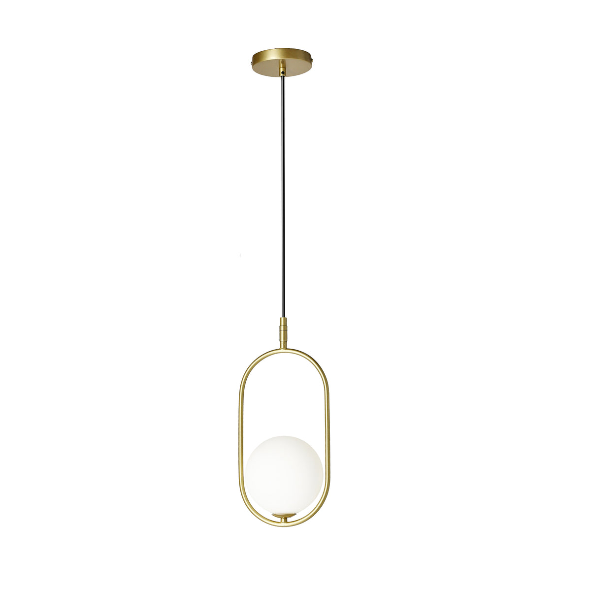 Produit de face, détail du cadre ovale doré et de la sphère blanche