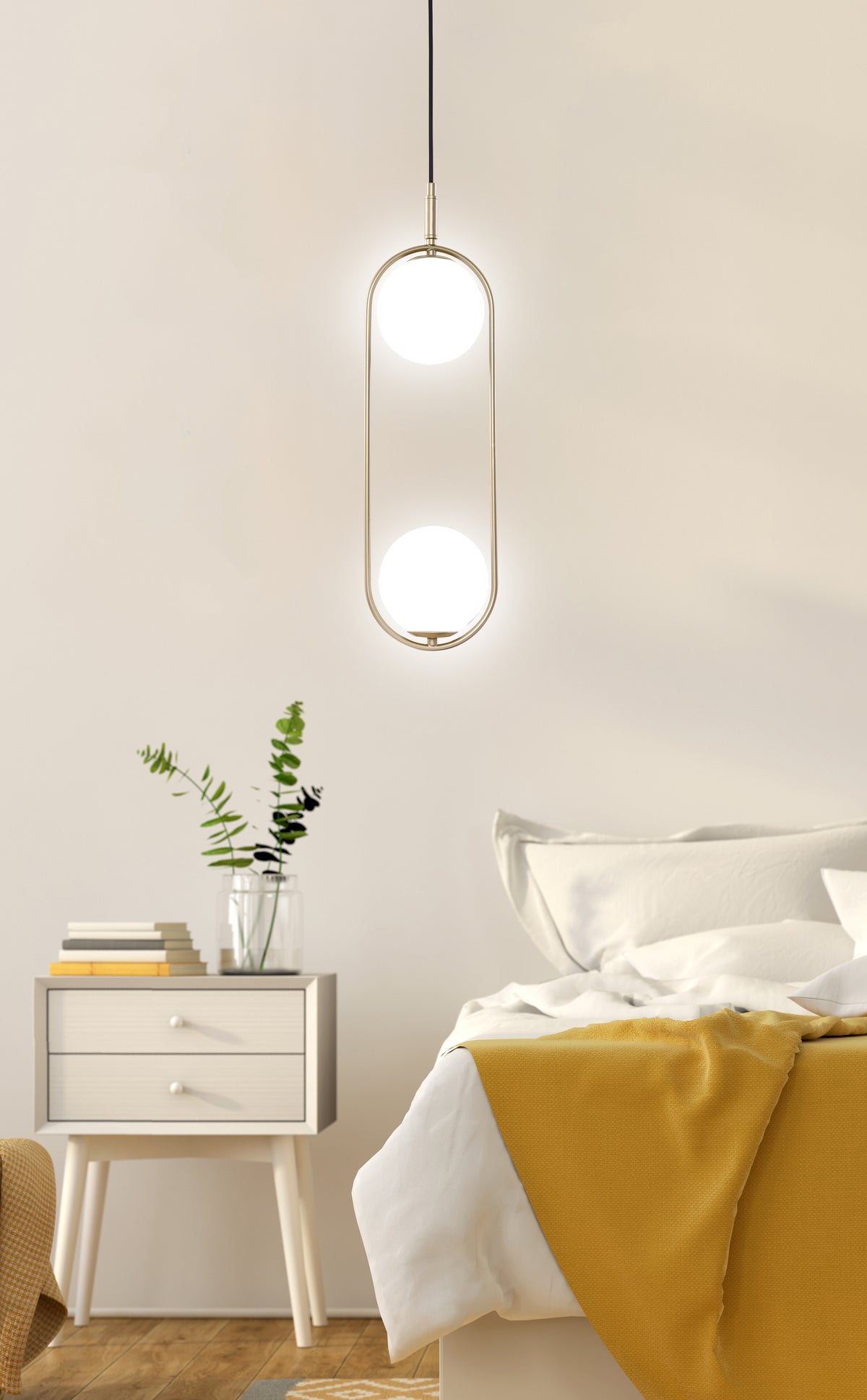 Mise en ambiance dans une chambre, suspension allumée au-dessus de la table de nuit