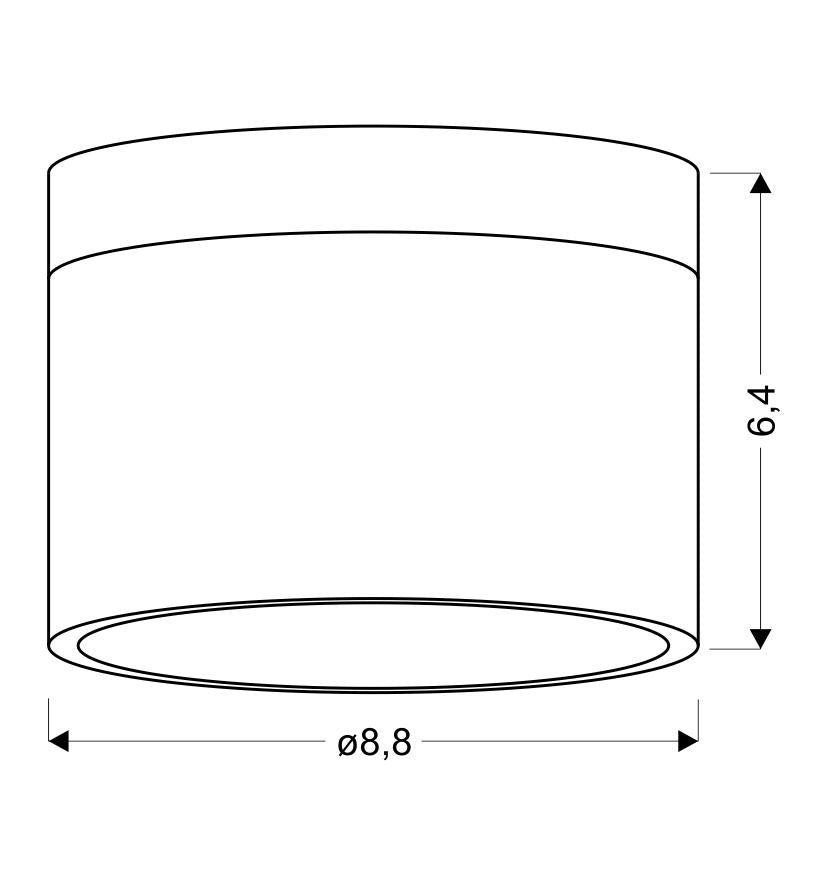 Schéma coté du spot cylindrique indiquant diamètre 8,8 cm et hauteur 6,4 cm