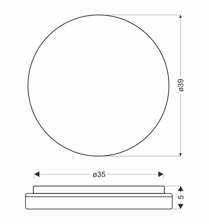 Schéma technique coté du plafonnier rond avec diamètres et hauteur