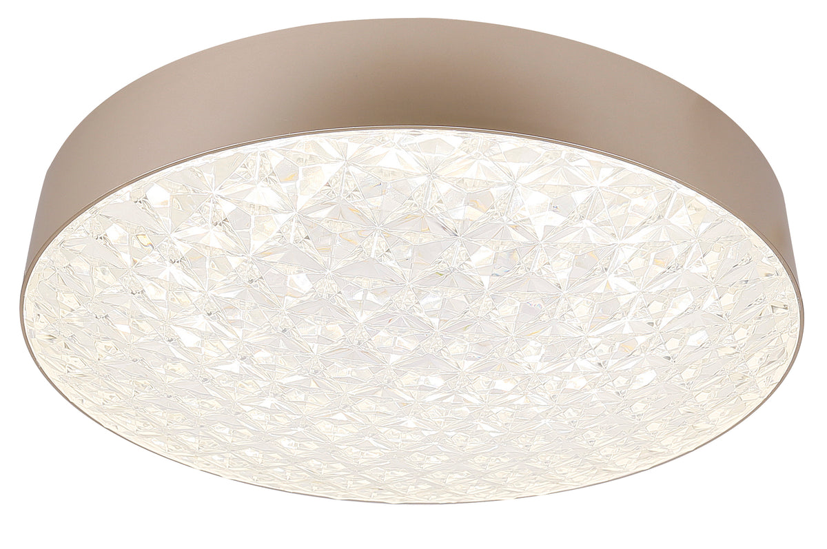 Plafonnier allumé diffusant une lumière blanche à travers le verre facetté