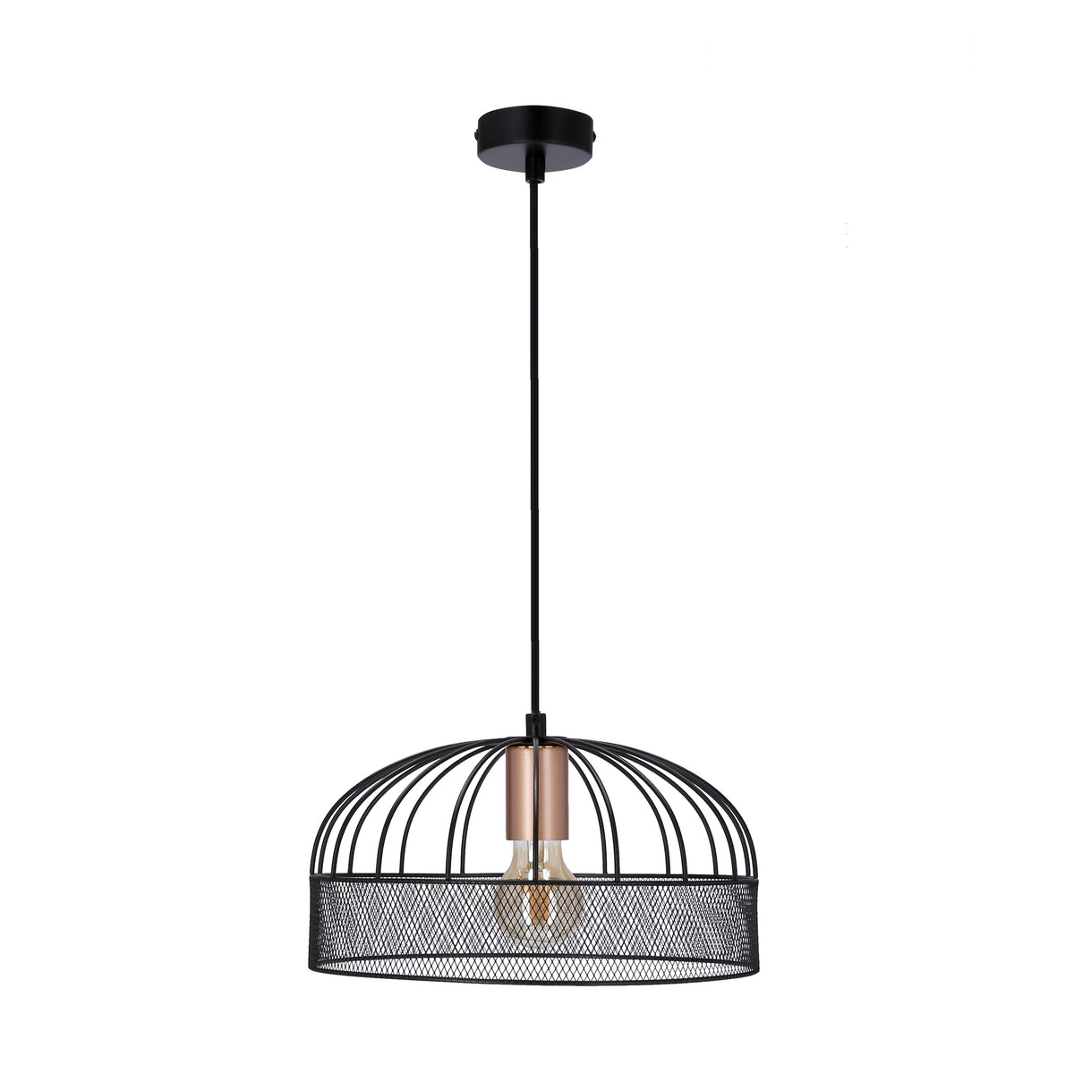 Vue de face sur fond blanc de la suspension noire, grille cylindrique et douille cuivrée.