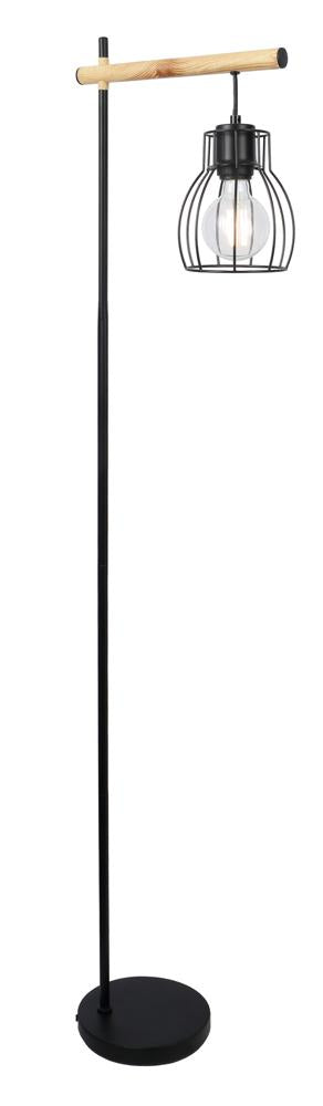 Lampadaire noir sur fond blanc, abat-jour cage métallique et bras en bois clair