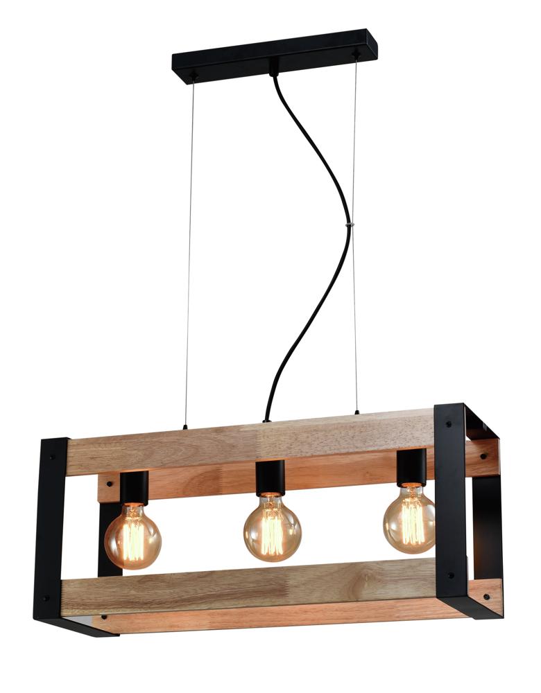 Suspension rectangulaire en bois clair et métal noir avec trois ampoules apparentes, vue de face.