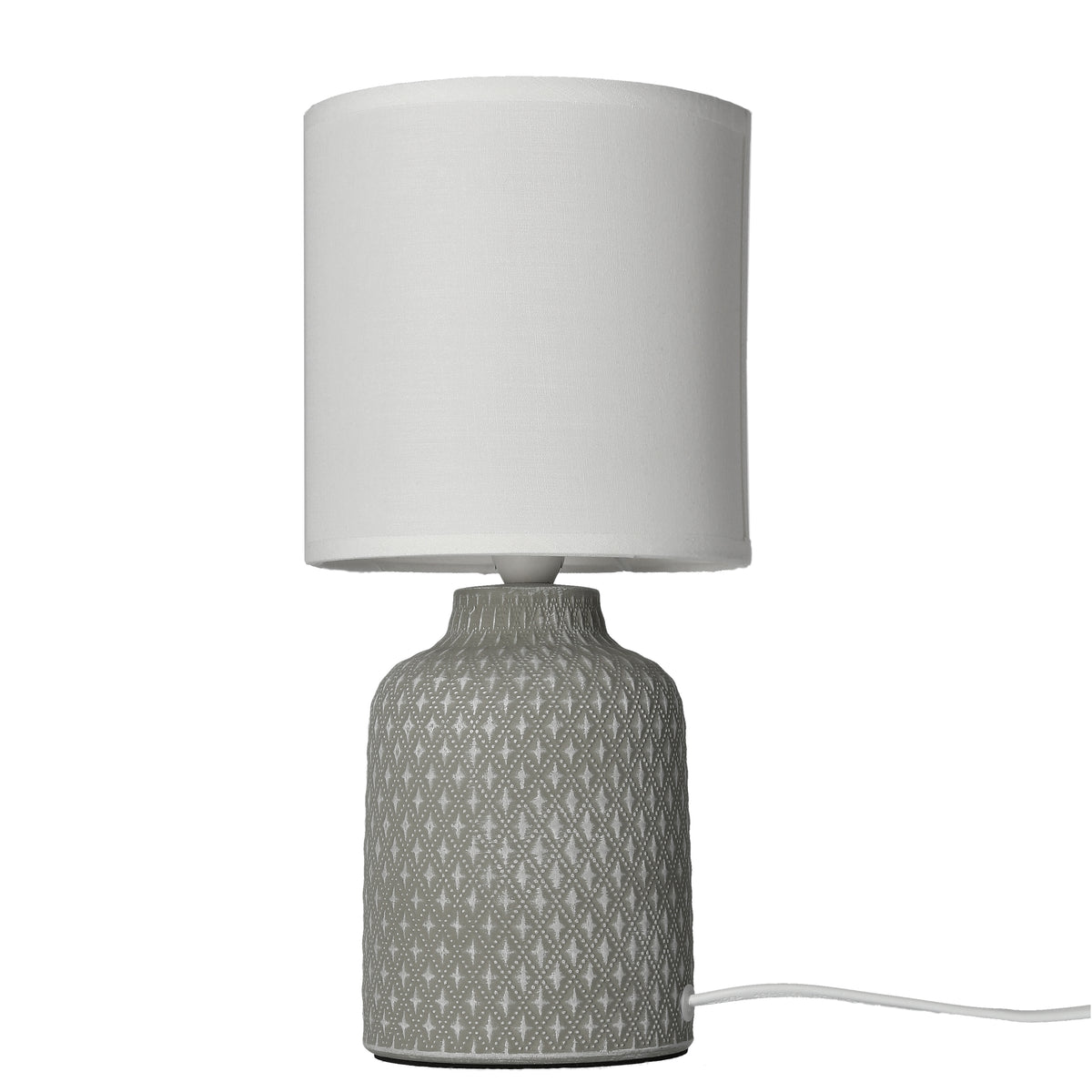 Lampe grise de face, détail du motif losangé imprimé sur le pied cylindrique