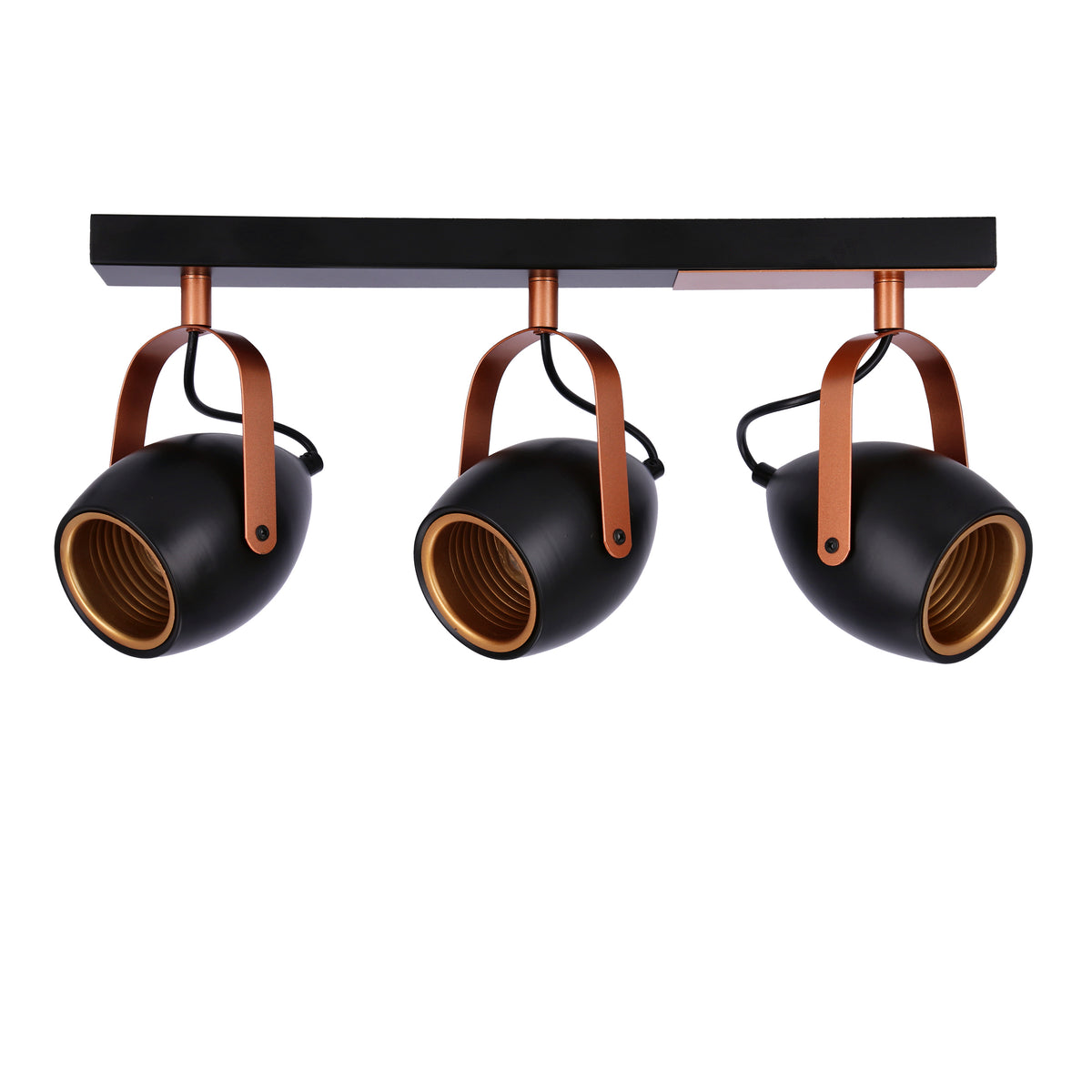 Détail de trois têtes orientables noires et intérieur doré des douilles
