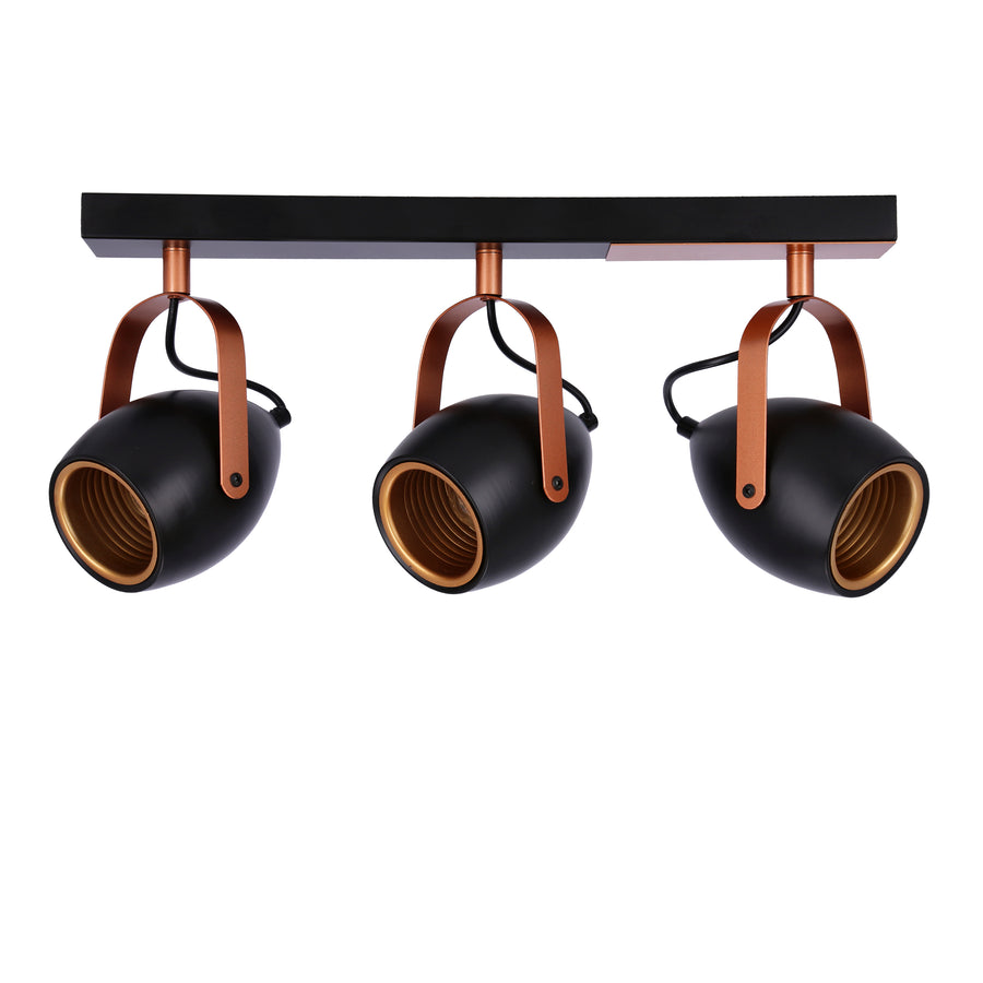 Détail de trois têtes orientables noires et intérieur doré des douilles