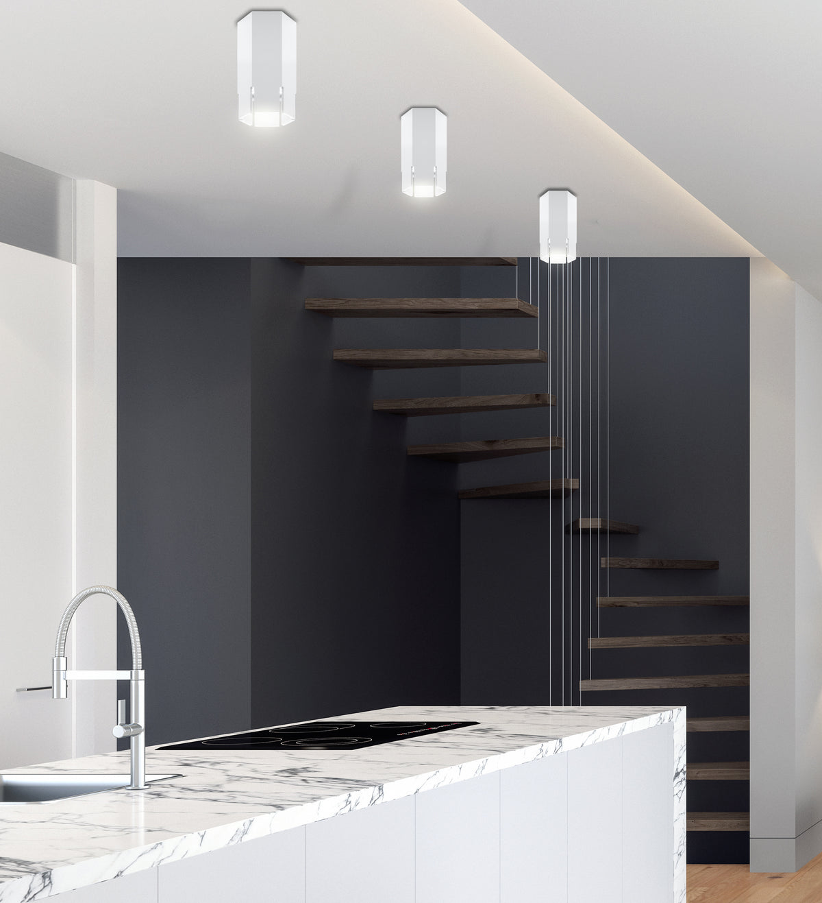 Mise en ambiance de trois spots blancs au plafond d'une cuisine moderne