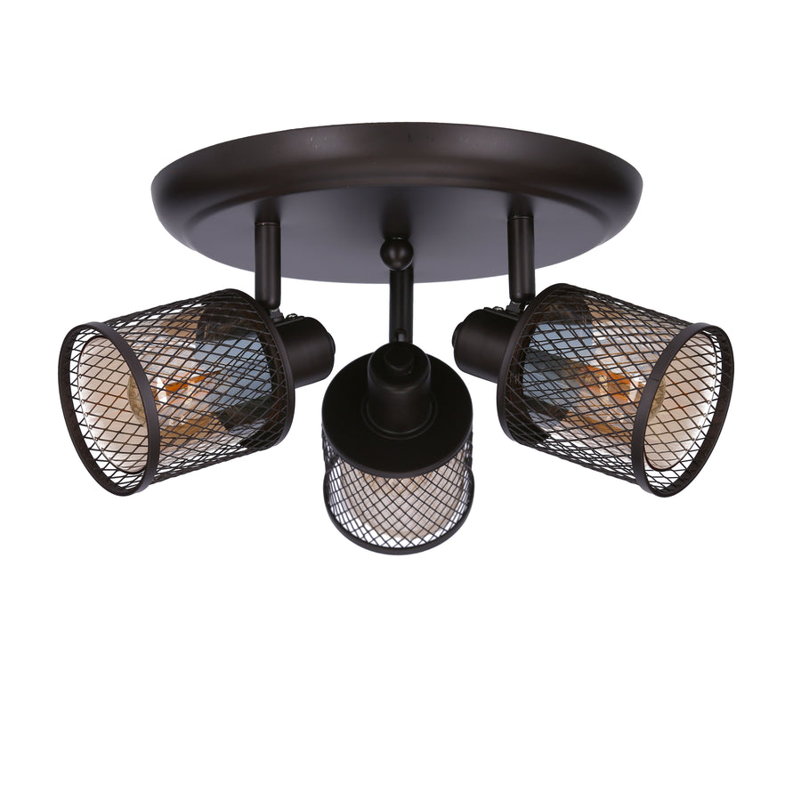 Vue en plongée du plafonnier montrant les trois cages orientables en métal