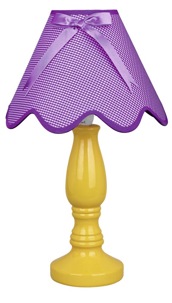 Version violette : abat-jour à carreaux, base jaune galbée, vue de face