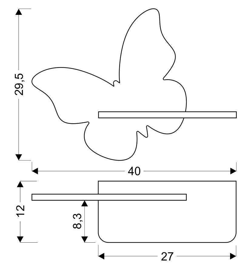 Schéma de dimensions du luminaire papillon : hauteur 29,5 cm, largeur 40 cm, profondeur 12 cm.