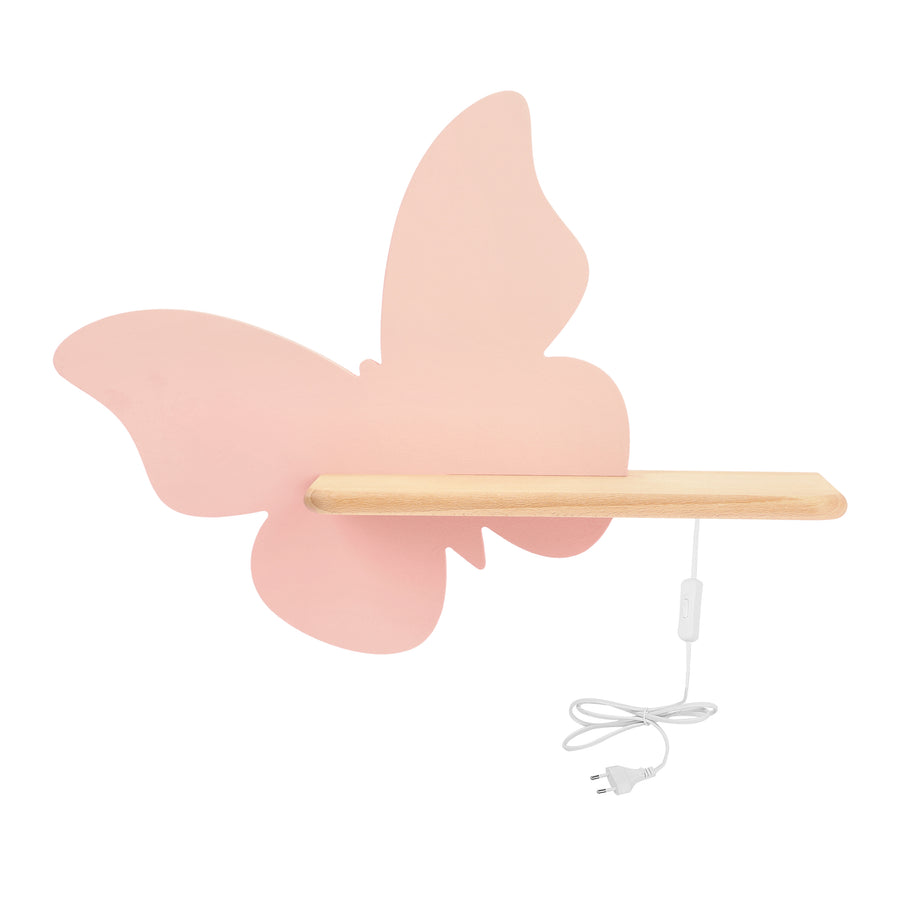 Vue de face de l'applique rose en forme de papillon avec étagère en bois et câble.