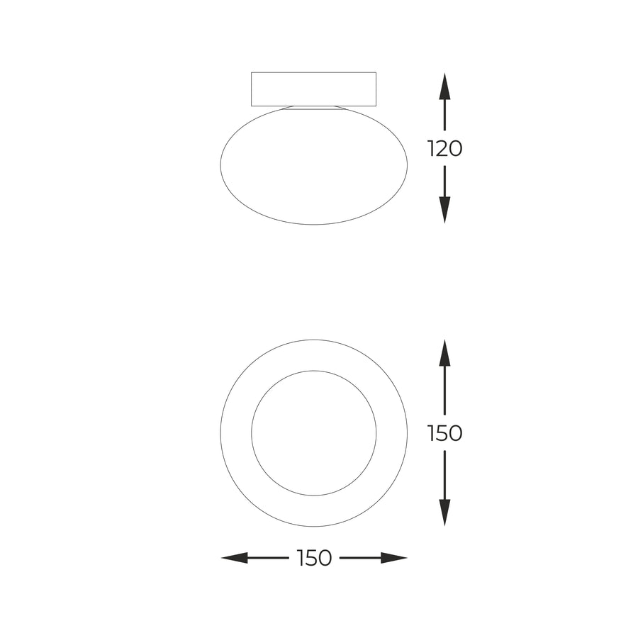 Schéma technique coté du plafonnier, dimensions 120 mm de hauteur et 150 mm de diamètre.