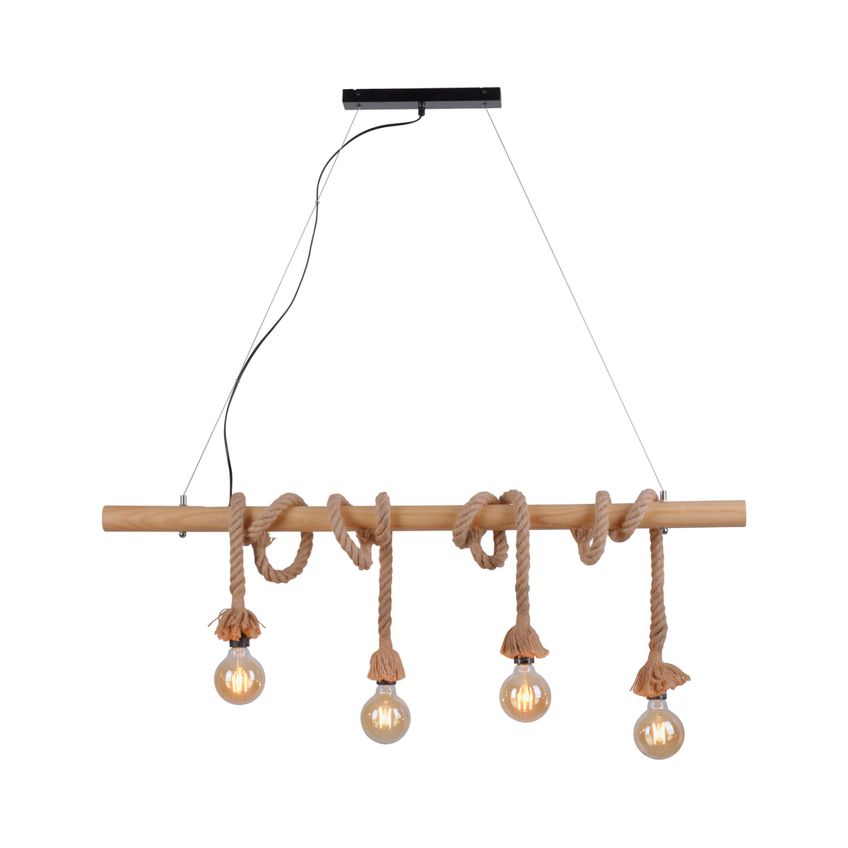 Vue de face du luminaire sur fond blanc, poutre en bois et cordages apparents.
