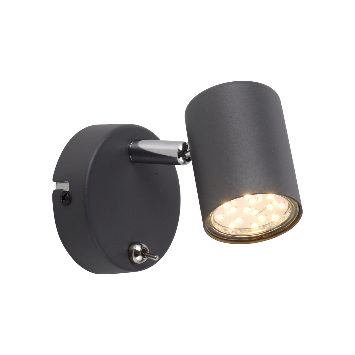Vue d'ensemble sur fond blanc de l'applique noire, spot cylindrique et LED allumées.