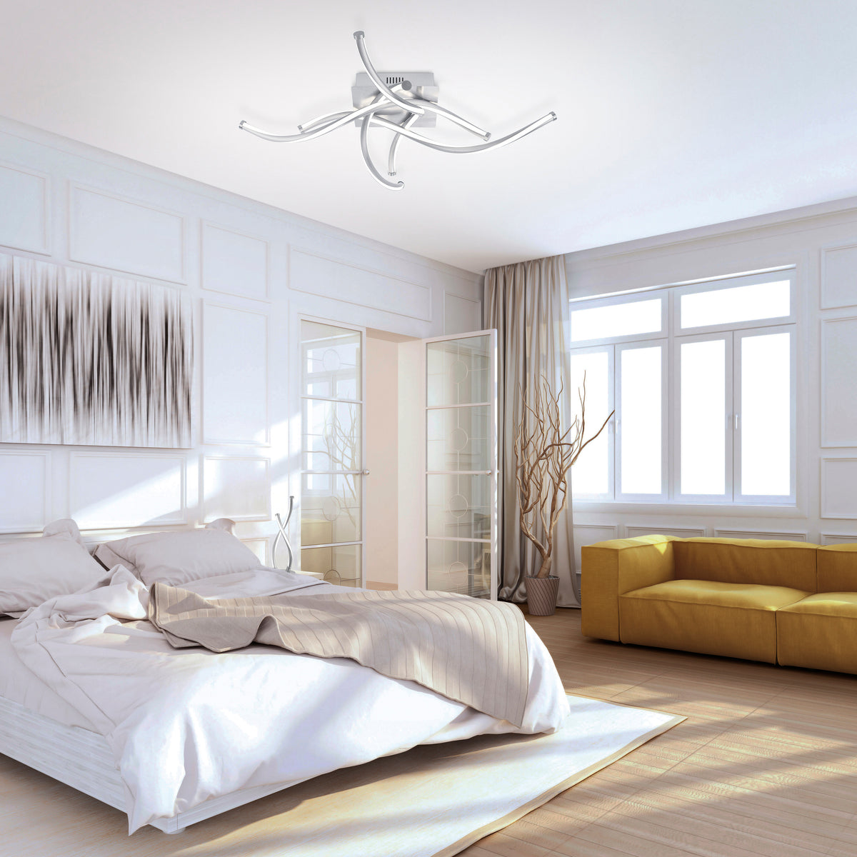 Mise en ambiance du plafonnier dans une chambre blanche très lumineuse