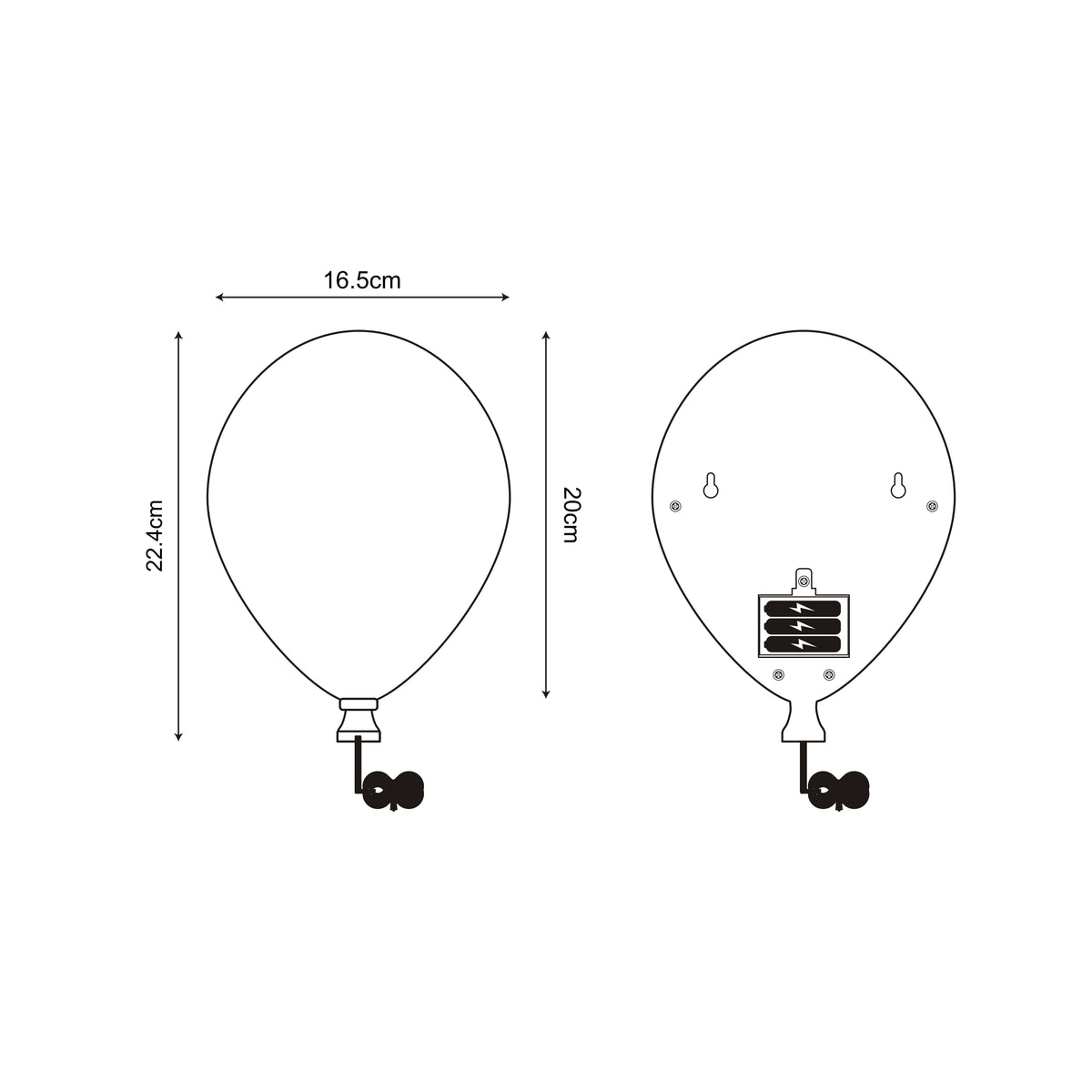 Schéma côté du luminaire montrant les dimensions 16,5 cm et 22,4 cm
