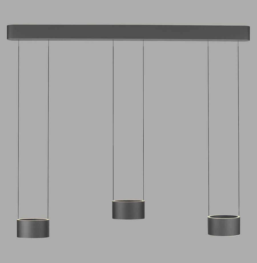 Vue de face d'une suspension grise à trois cylindres et barre rectangulaire