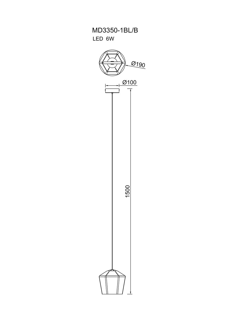 Schéma technique du luminaire suspendu, avec diamètre et hauteur.