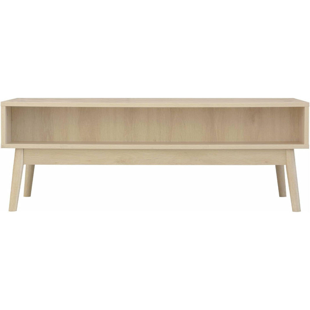 Alice'S Home - Table Basse Couleur Naturelle. Linear. Décor Bois Rainuré. Pieds Compas. 2 Niches. 1 Tiroir. L 110 X L 59 X H 39Cm | Designix - Amazon    - https://designix.fr/