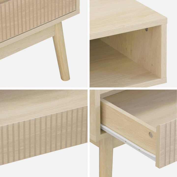 Alice'S Home - Table Basse Couleur Naturelle. Linear. Décor Bois Rainuré. Pieds Compas. 2 Niches. 1 Tiroir. L 110 X L 59 X H 39Cm | Designix - Amazon    - https://designix.fr/