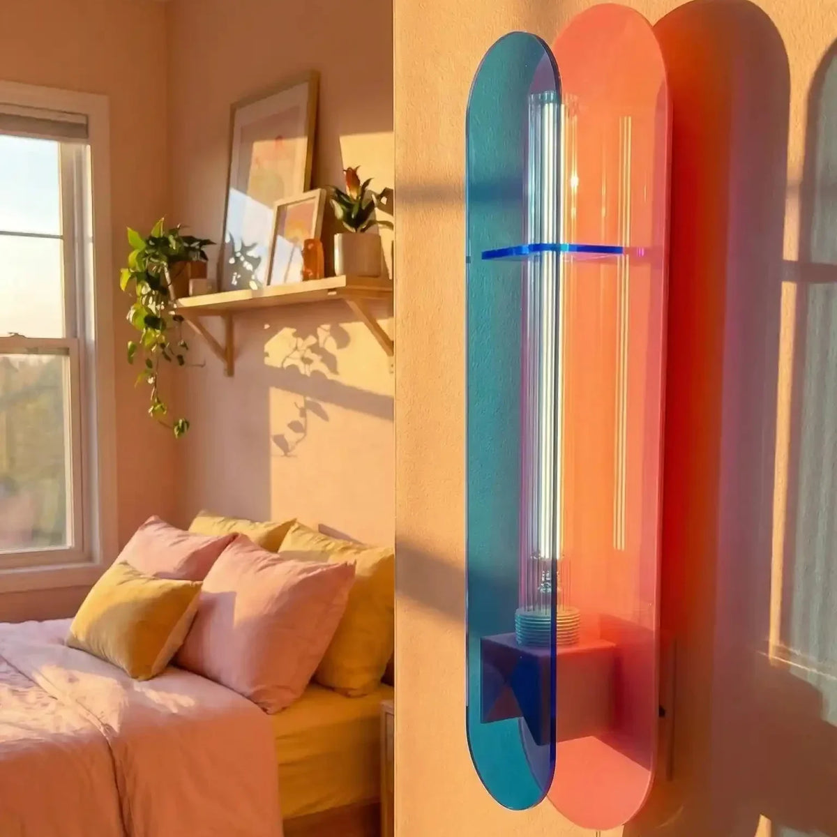 Détail rapproché de l'applique bleue et corail dans une chambre pastel