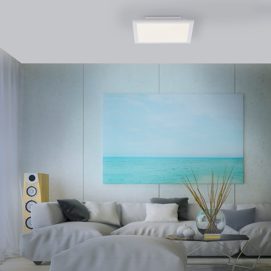 Luminaire fixé au plafond dans un salon, canapé gris et tableau marin