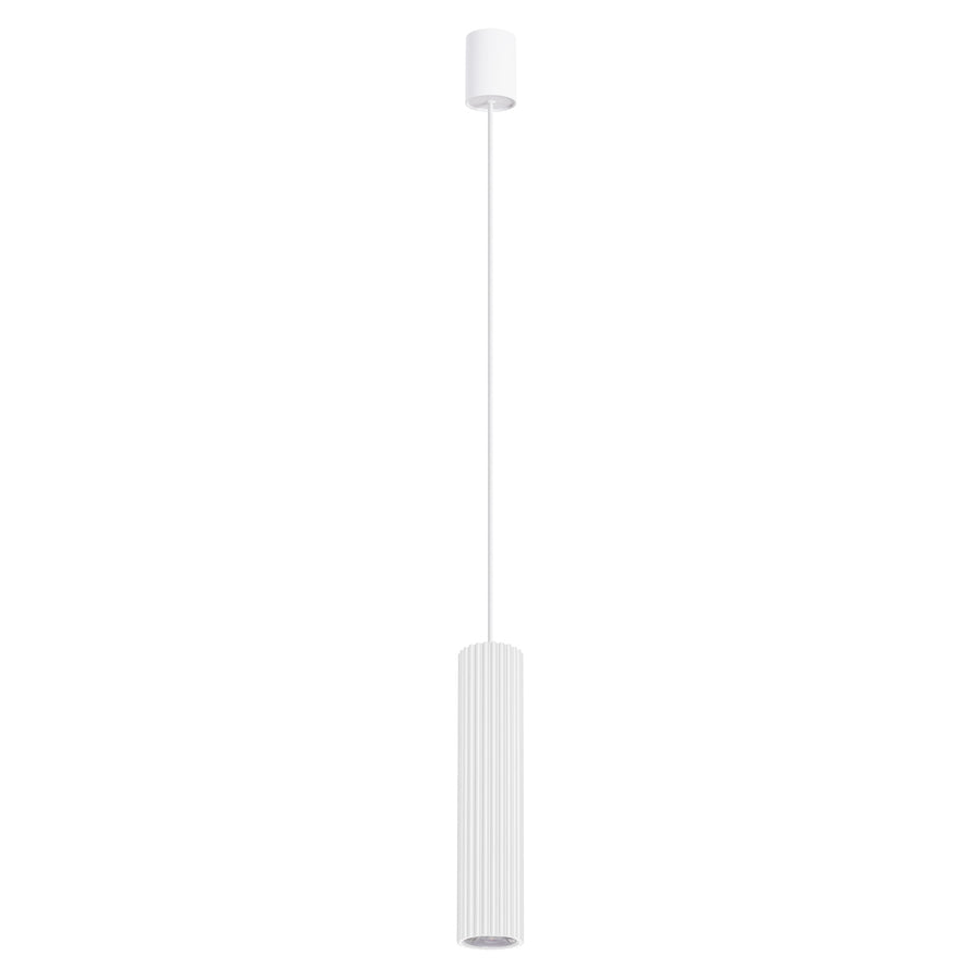 Variante blanche du luminaire, câble et rosace blancs, abat-jour cylindrique à stries verticales.