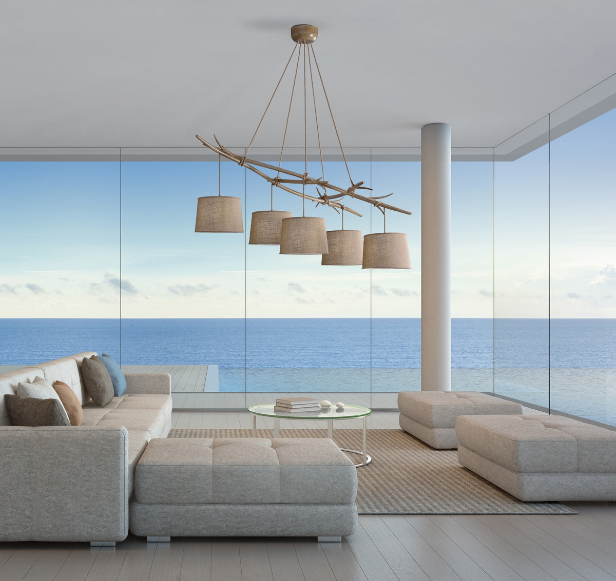Suspension Sabina 5 lumières effet bois, tissu