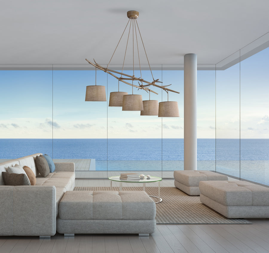 Suspension Sabina 5 lumières effet bois, tissu