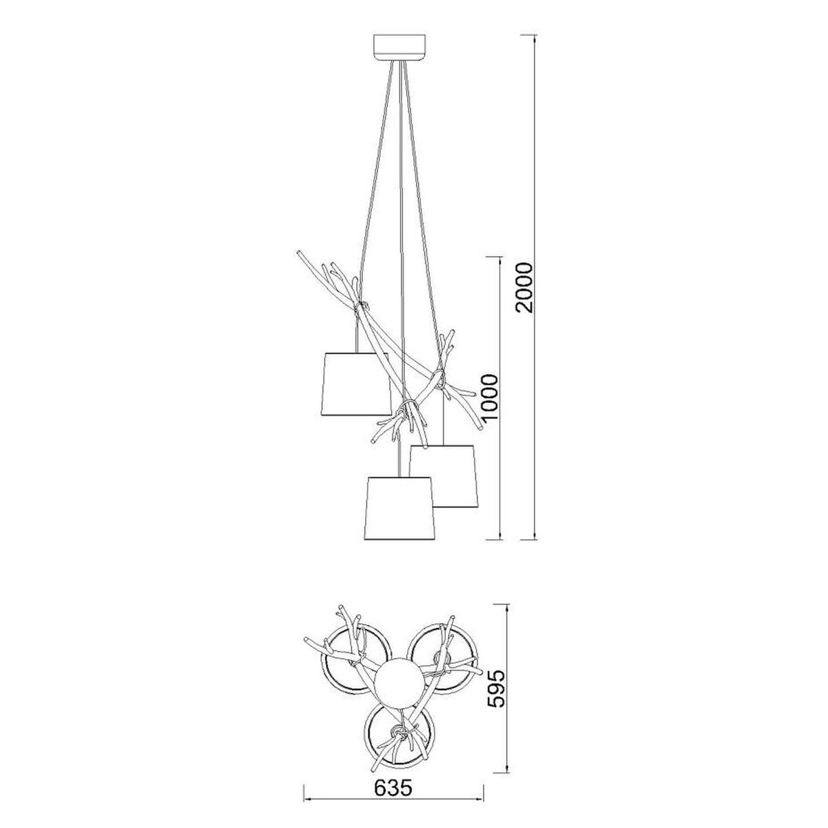Suspension Sabina 3 lumières effet bois, tissu