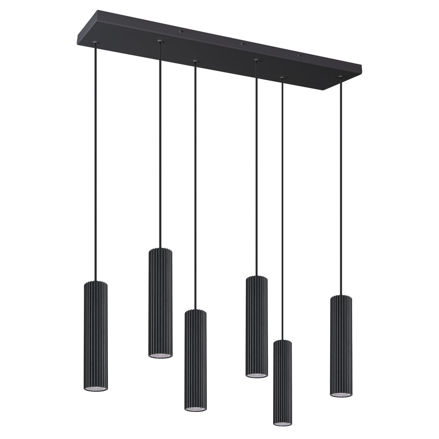 Version noire du luminaire suspendu, avec câbles noirs, cylindres et bandeau noirs.