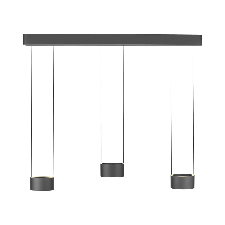 Vue de face sur fond blanc, trois cylindres suspendus et barre rectangulaire