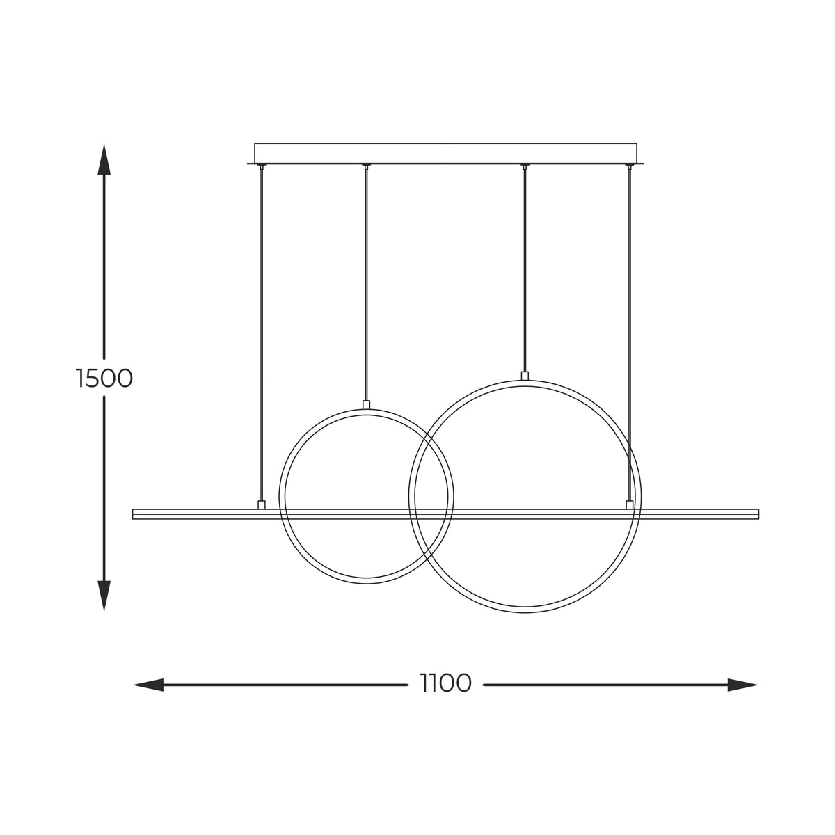 Schéma de dimensions du luminaire, hauteur 1500 mm et largeur 1100 mm