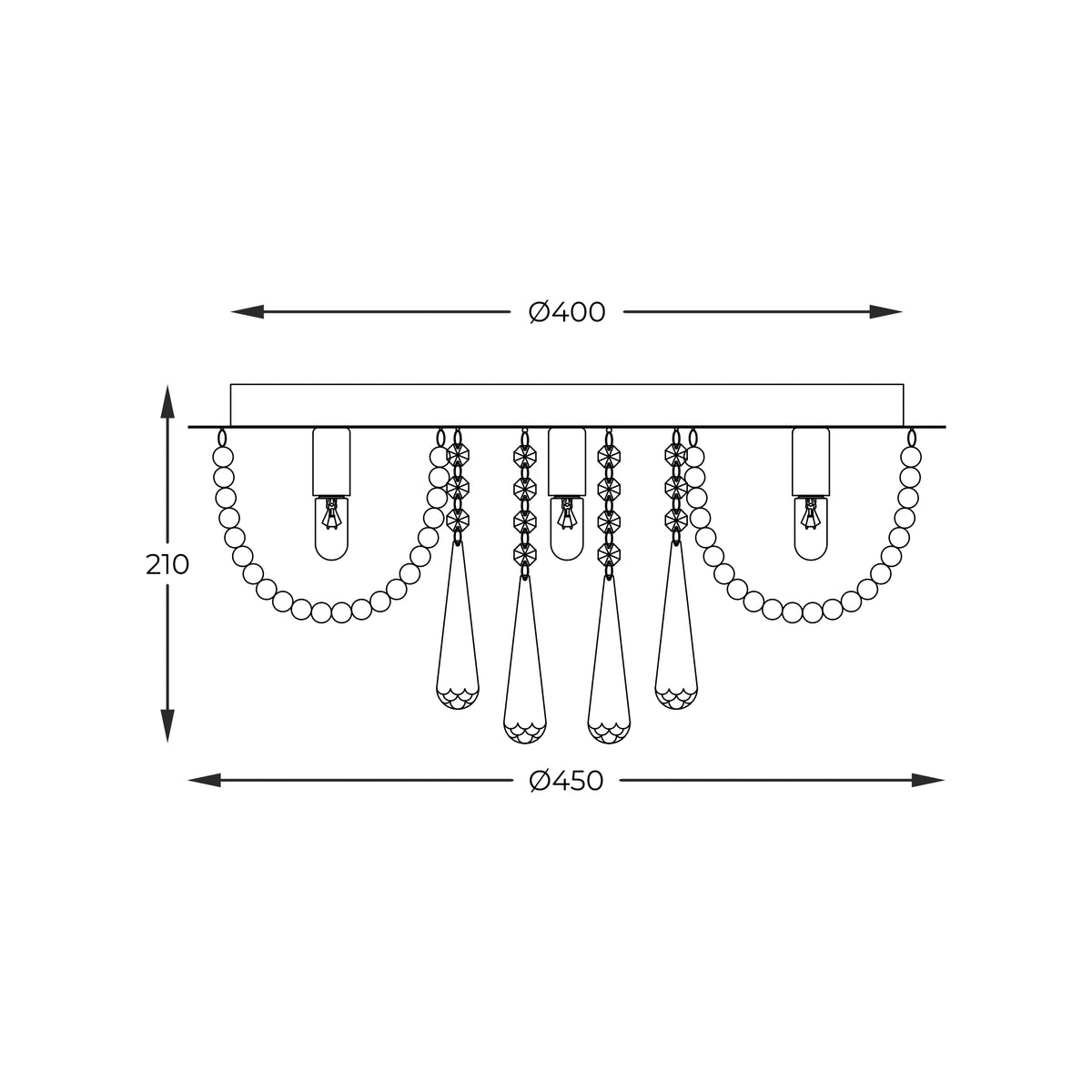 Schéma de dimensions du plafonnier avec diamètres 400 et 450 mm.