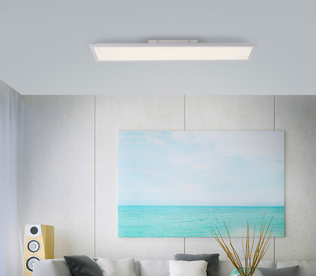 Mise en ambiance du plafonnier blanc fixé au plafond d'un salon contemporain