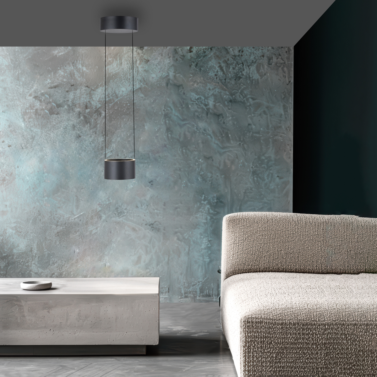 Mise en ambiance dans un salon devant un mur béton texturé