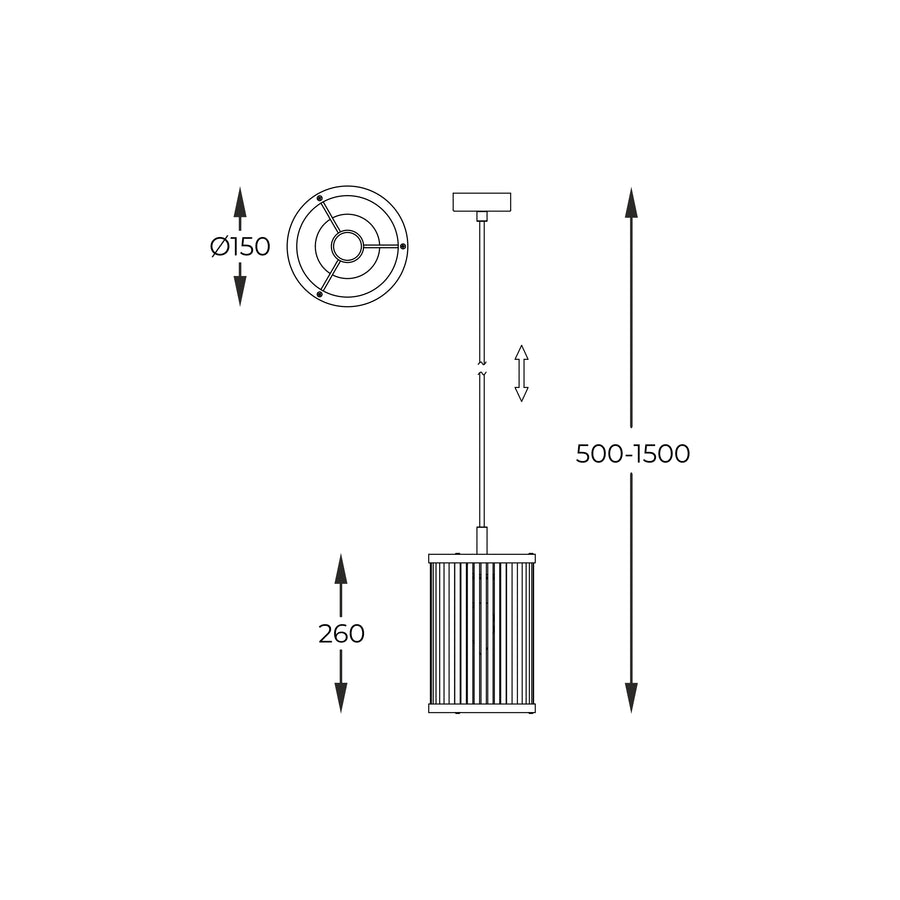 Schéma technique coté du luminaire avec rosace, abat-jour et hauteur réglable.