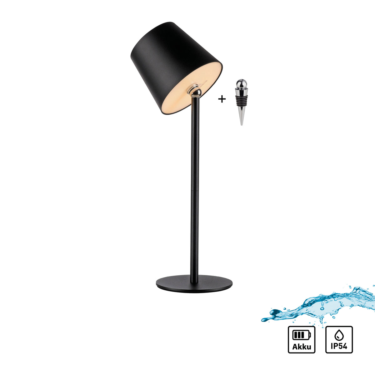 Lampe à poser noire et bouchon, icônes Akku et IP54, éclaboussures sur fond blanc.