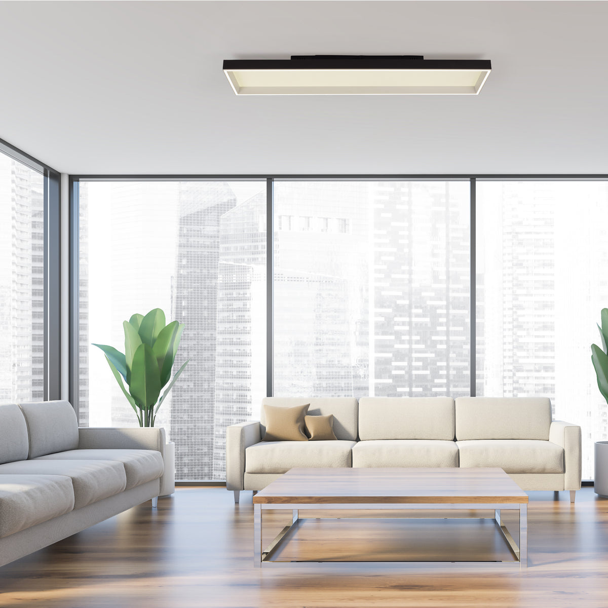 Mise en ambiance du plafonnier dans un salon moderne très lumineux