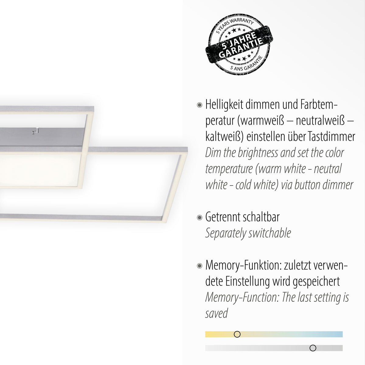 Détail du luminaire avec texte sur la garantie et réglage d'intensité