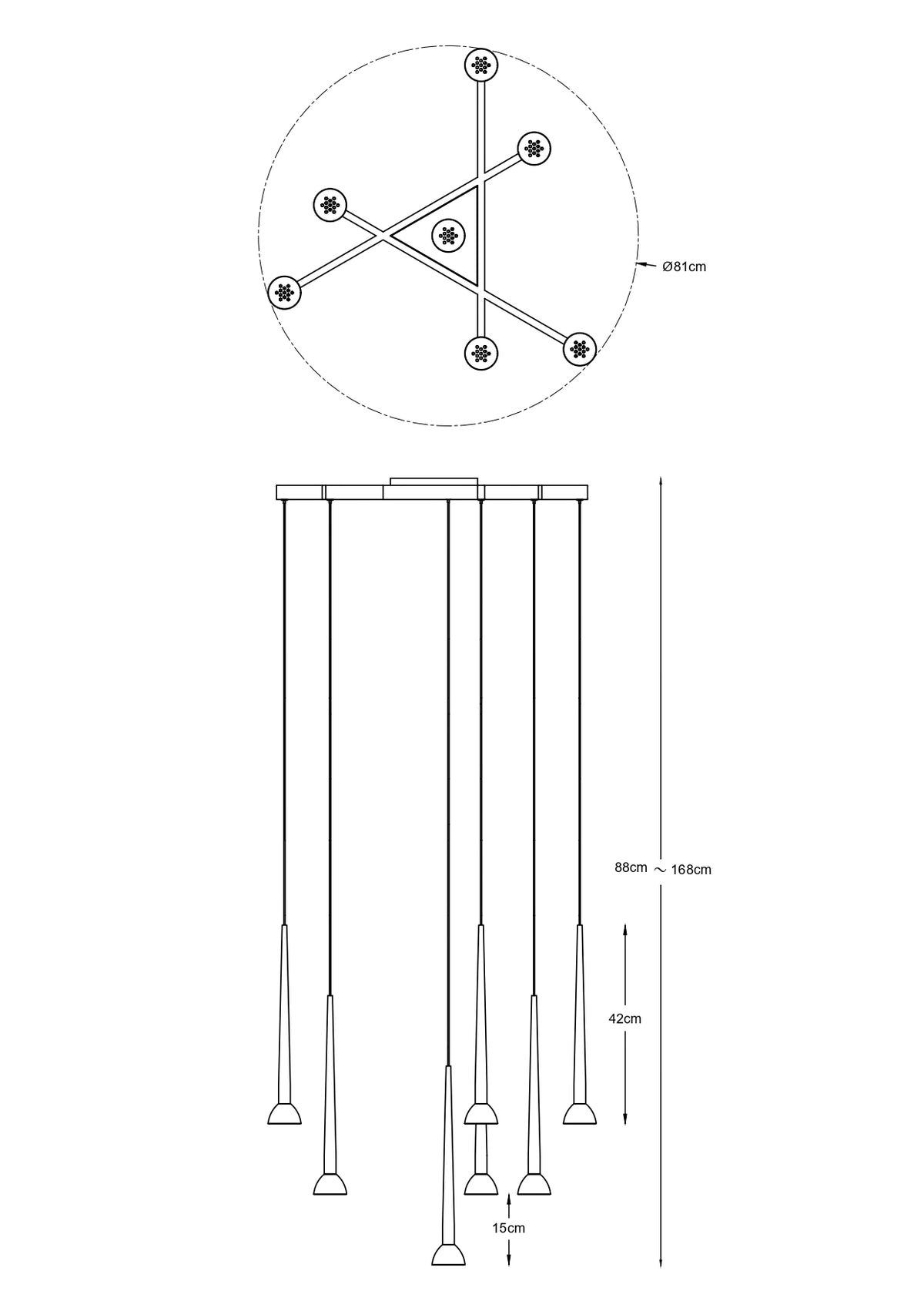 Schéma de dimensions : diamètre 81 cm et hauteur réglable 88 à 168 cm