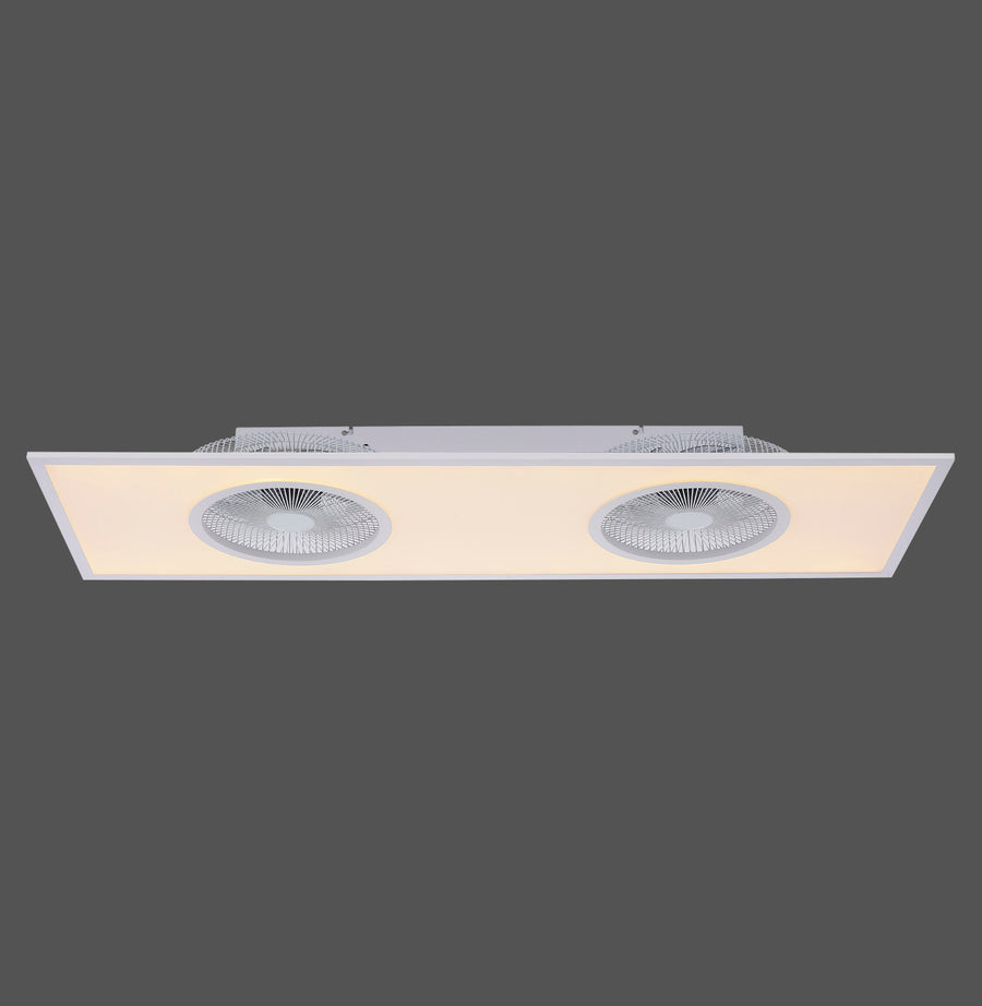 Plafonnier blanc rectangulaire équipé de deux ventilateurs et éclairé en lumière chaude.