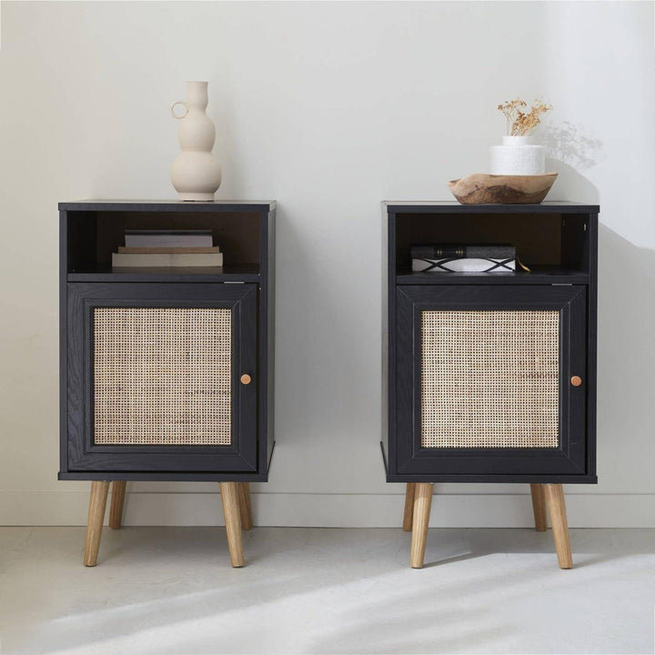 Alice'S Home - Lot De 2 Tables De Chevet En Cannage - Bohème - 40X39X65.8Cm Noir - 2 Niveaux - 1 Portes - 1 Espace De Rangement - Pieds Scandinaves | Designix - Amazon    - https://designix.fr/