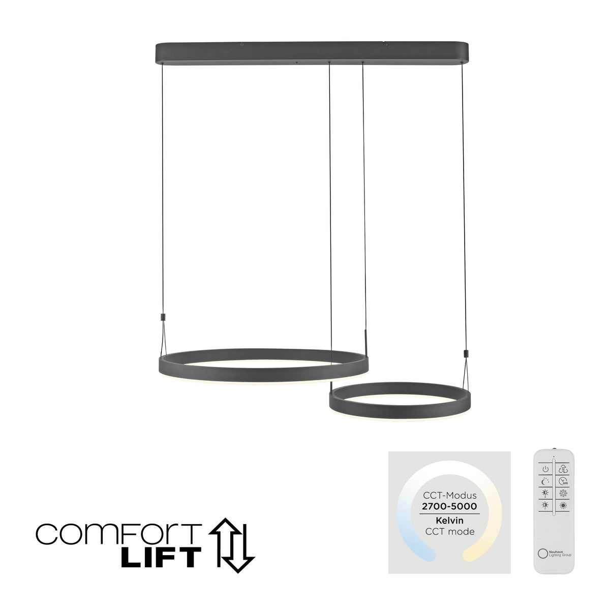 Photo produit sur fond blanc avec logo Comfort Lift, télécommande et plage 2700-5000 Kelvin