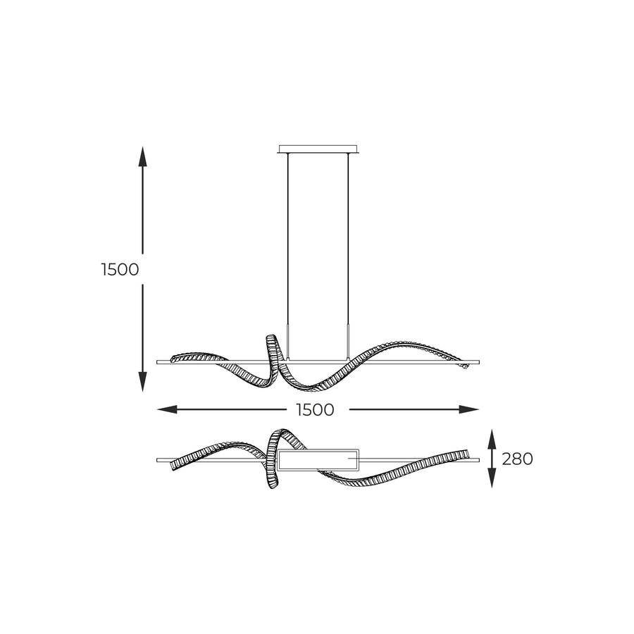 Schéma coté de la suspension : largeur 1500 mm, hauteur 1500 mm, épaisseur 280 mm.
