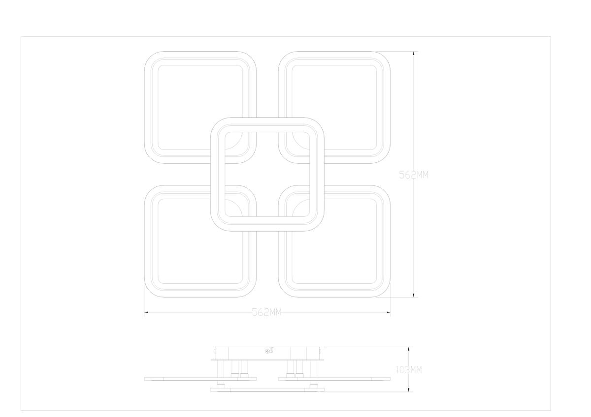 Schéma de dimensions du plafonnier : 562 mm, 103 mm, vues de dessus et profil