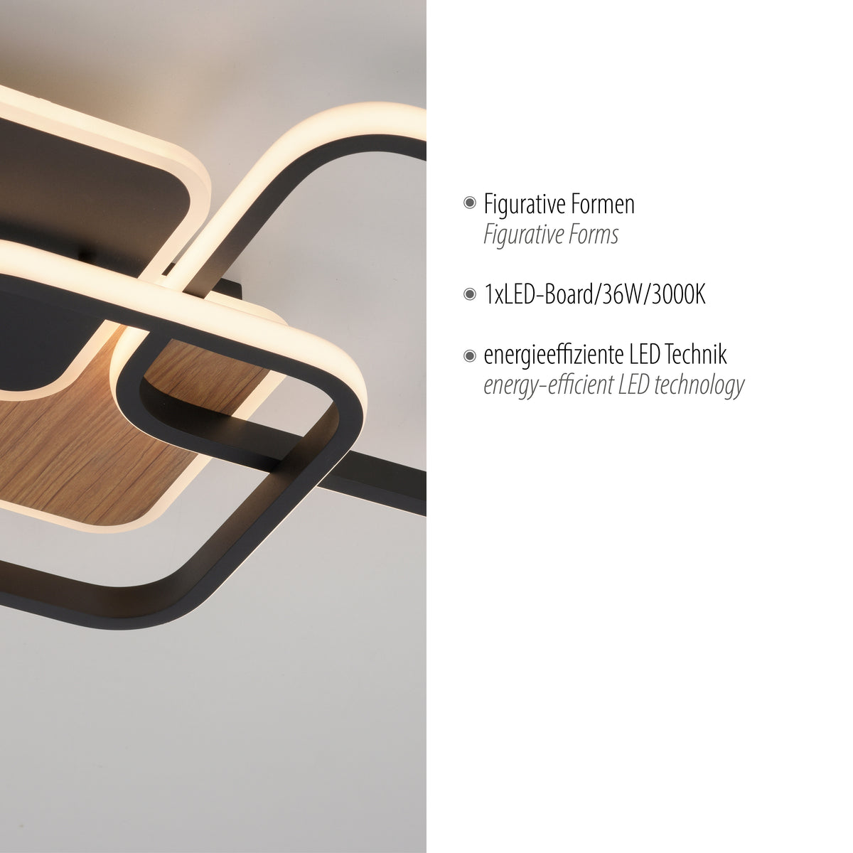 Détail de la finition et mention technique LED 36W 3000K avec formes figuratives