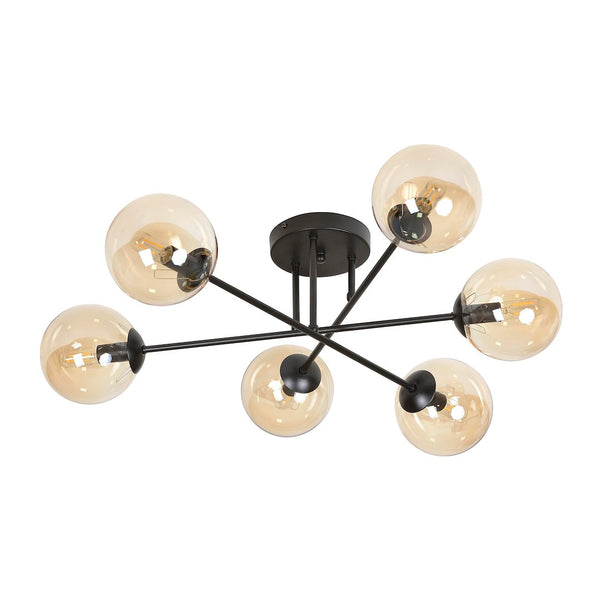 Suspension Brendi 6 lumières noire, verre ambré