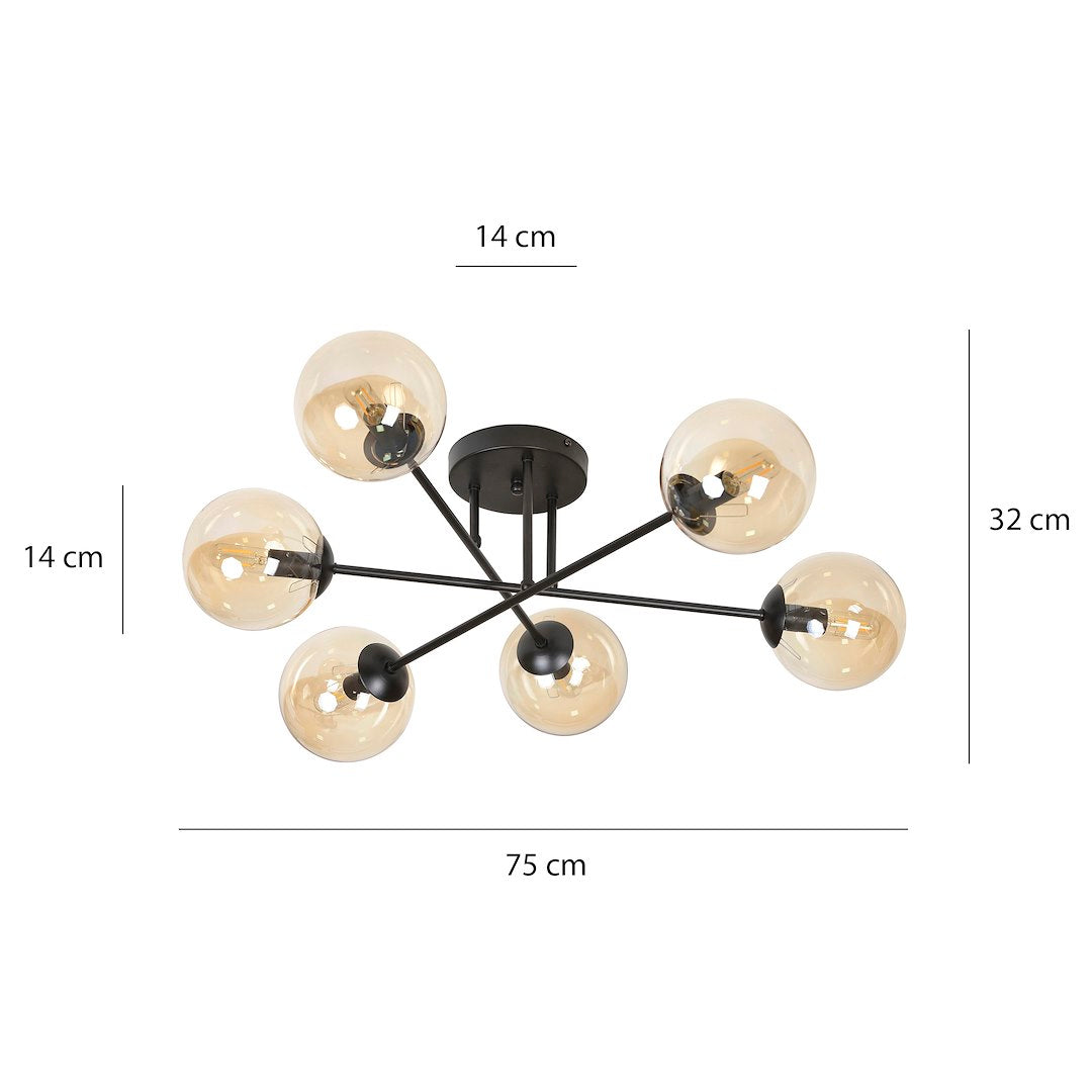 Schéma coté du luminaire : 75 cm de large, 32 cm de haut, globes de 14 cm